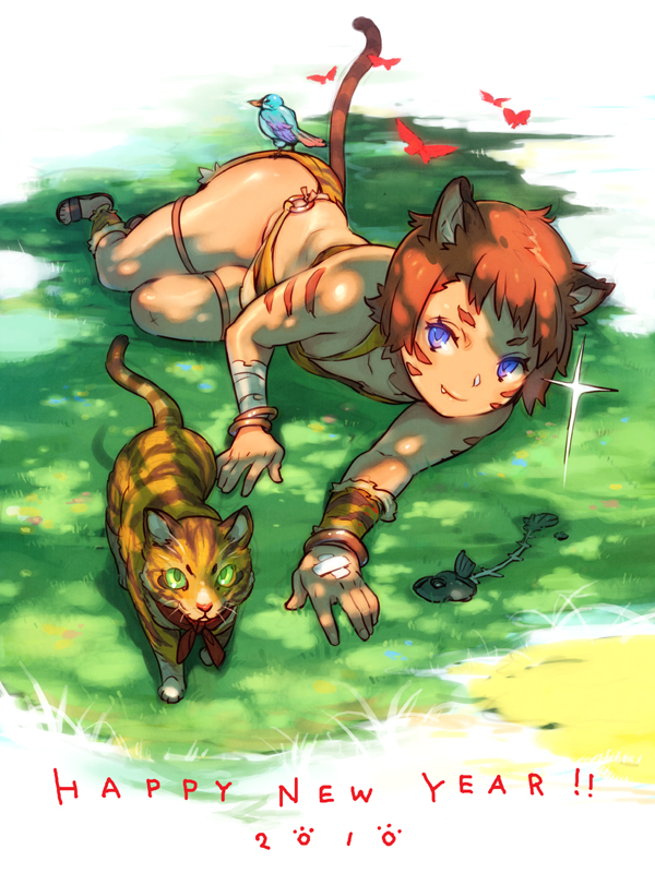 animal_ears bandaid bird brown_hair cat cat_ears facial_mark fang fish fish_bone legs lying new_year original shiohara_shin'ichi shiohara_shinichi short_hair smile solo tail tiger_print