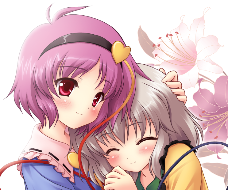 2girls blush closed_eyes flower hairband happy hug komeiji_koishi komeiji_satori multiple_girls purple_hair red_eyes short_hair siblings silver_hair sisters touhou yamasan