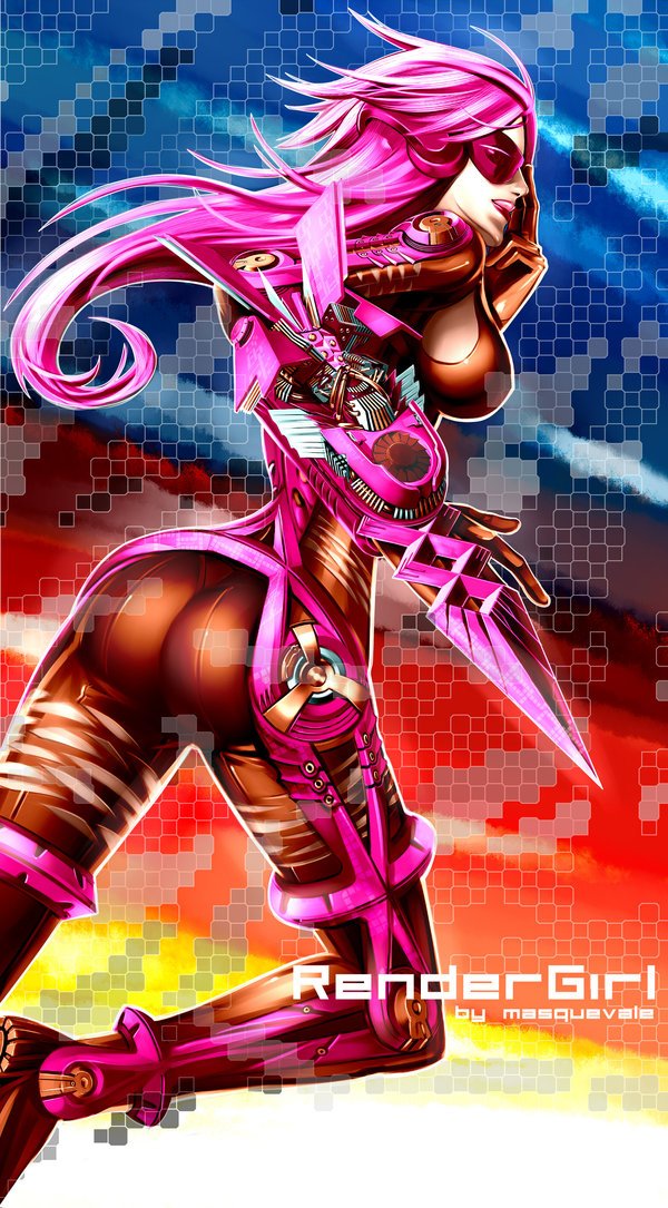 4890 arm_blade ass ati blade bodysuit masquevale mecha mecha_musume pink_hair power_suit radeon render ruby sunglasses weapon