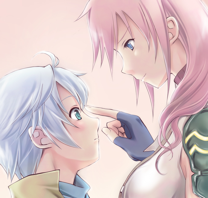 aqua_eyes bad_id blue_eyes blush couple female final_fantasy final_fantasy_xiii fingerless_gloves gloves green_eyes hope_estheim lightning_(ff13) lightning_farron long_hair male microspace pink_hair pochi_(pixiv19310) poke profile short_hair smile white_hair