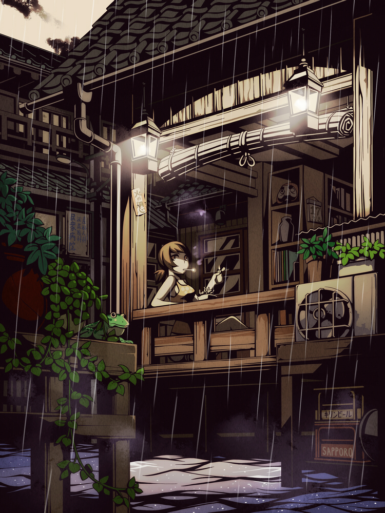 brown_hair cigarette daruma_doll doll frog original rain sitting smoking tank_top torigoe_takumi