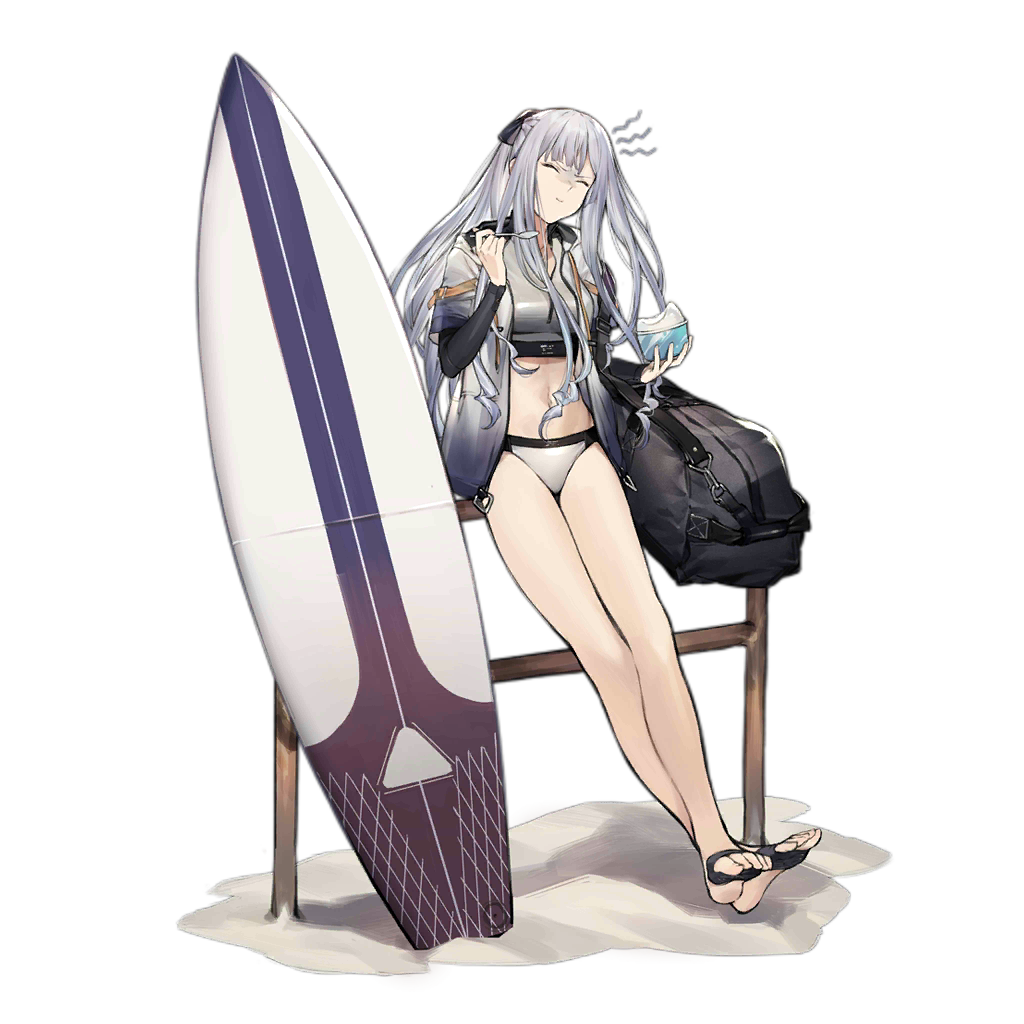 1girl ak-12_(girls_frontline) alternate_costume bangs barefoot bikini black_ribbon braid brain_freeze breasts closed_eyes closed_mouth copyright_name cup curly_hair drinking_glass duoyuanjun eating feet_up food french_braid girls_frontline head_tilt holding holding_cup holding_spoon ice_cream jacket leaning long_hair long_sleeves medium_breasts official_art outdoors ribbon sand shaved_ice sidelocks silver_bikini silver_hair solo spoon squiggle strap surfboard swimsuit thighs toeless_legwear transparent_background very_long_hair weapon_bag