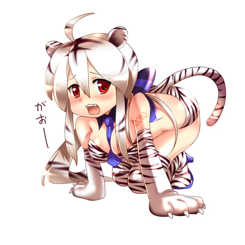 :3 ahoge all_fours animal_costume animal_ears between_breasts blush bow breasts caffein cleavage costume fang fangs gao hair_bow highlights multicolored_hair necktie new_year paws ponytail red_eyes solo tail teeth thigh-highs thighhighs tiger_costume tiger_ears tiger_print tiger_tail two-tone_hair vocaloid voyakiloid white_hair yowane_haku