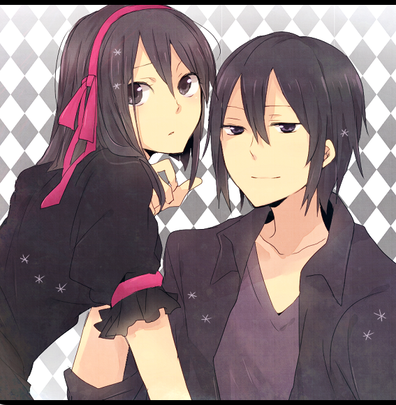 black_hair checkered checkered_background couple durarara!! expressionless hand_on_another's_face hand_on_another's_face heiwajima_kasuka hijiribe_ruri light_smile looking_back messy_hair pocky1202 raised_eyebrow sparkle