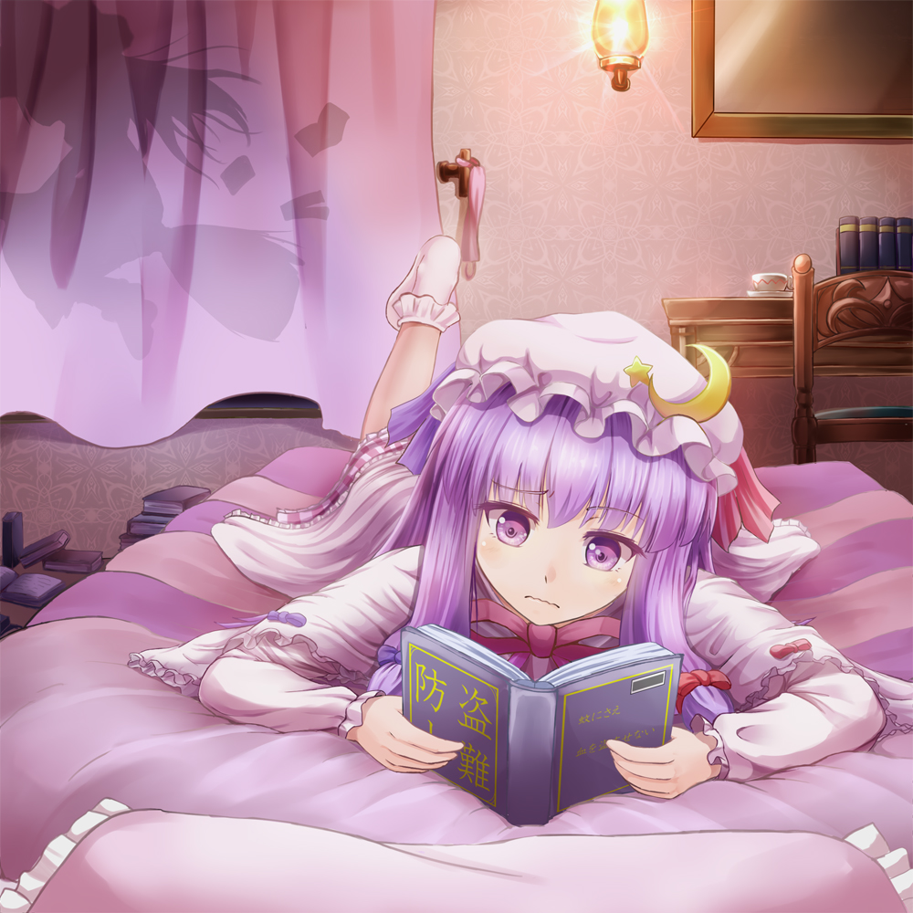 bed book bow broom chair crescent cup curtains desk dress hair_bow hat kirisame_marisa lamp leg_up long_hair lying multiple_girls on_stomach open_book patchouli_knowledge pillow purple_eyes purple_hair reading saucer sen_kagura shadow silhouette socks teacup touhou violet_eyes wavy_mouth white_legwear