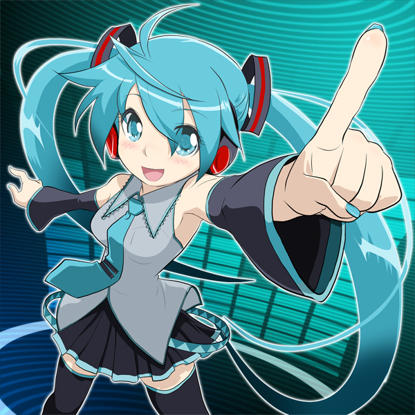 aqua_eyes aqua_hair detached_sleeves foreshortening hatsune_miku headphones long_hair looking_at_viewer necktie open_mouth pointing skirt solo thigh-highs thighhighs twintails very_long_hair vocaloid yazwo