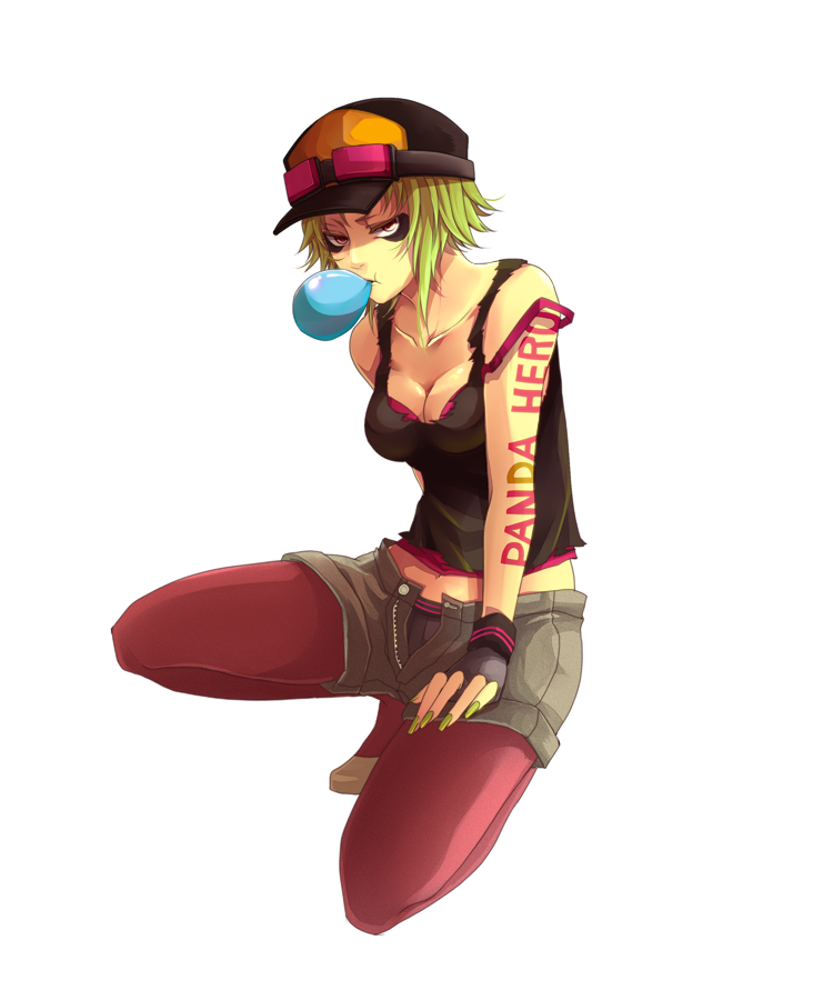 bags_under_eyes bare_shoulders body_writing breasts bubblegum cleavage collarbone domco eyeshadow fingerless_gloves gloves goggles goggles_on_hat green_nails grey_hair gumi hat kneeling legwear_under_shorts looking_at_viewer makeup nail_polish one_knee open_fly open_shorts panda_hero_(vocaloid) panties panties_under_pantyhose pantyhose red_legwear short_shorts shorts sleeveless solo squatting tank_top tattoo title_drop transparent_background underwear unzipped vocaloid