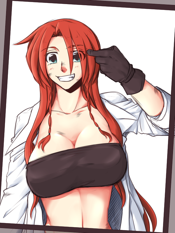 aqua_eyes blue_eyes braid breasts cleavage dirty gloves grin hong_meiling long_hair looking_at_viewer navel neko_majin open_clothes open_mouth open_shirt red_hair redhead sleeves_pushed_up smile solo touhou twin_braids