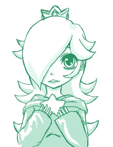 :&lt; artist_request crown dress green hair_over_one_eye lips looking_at_viewer monochrome nintendo rosalina rosalina_(mario) solo star super_mario_bros. super_mario_galaxy