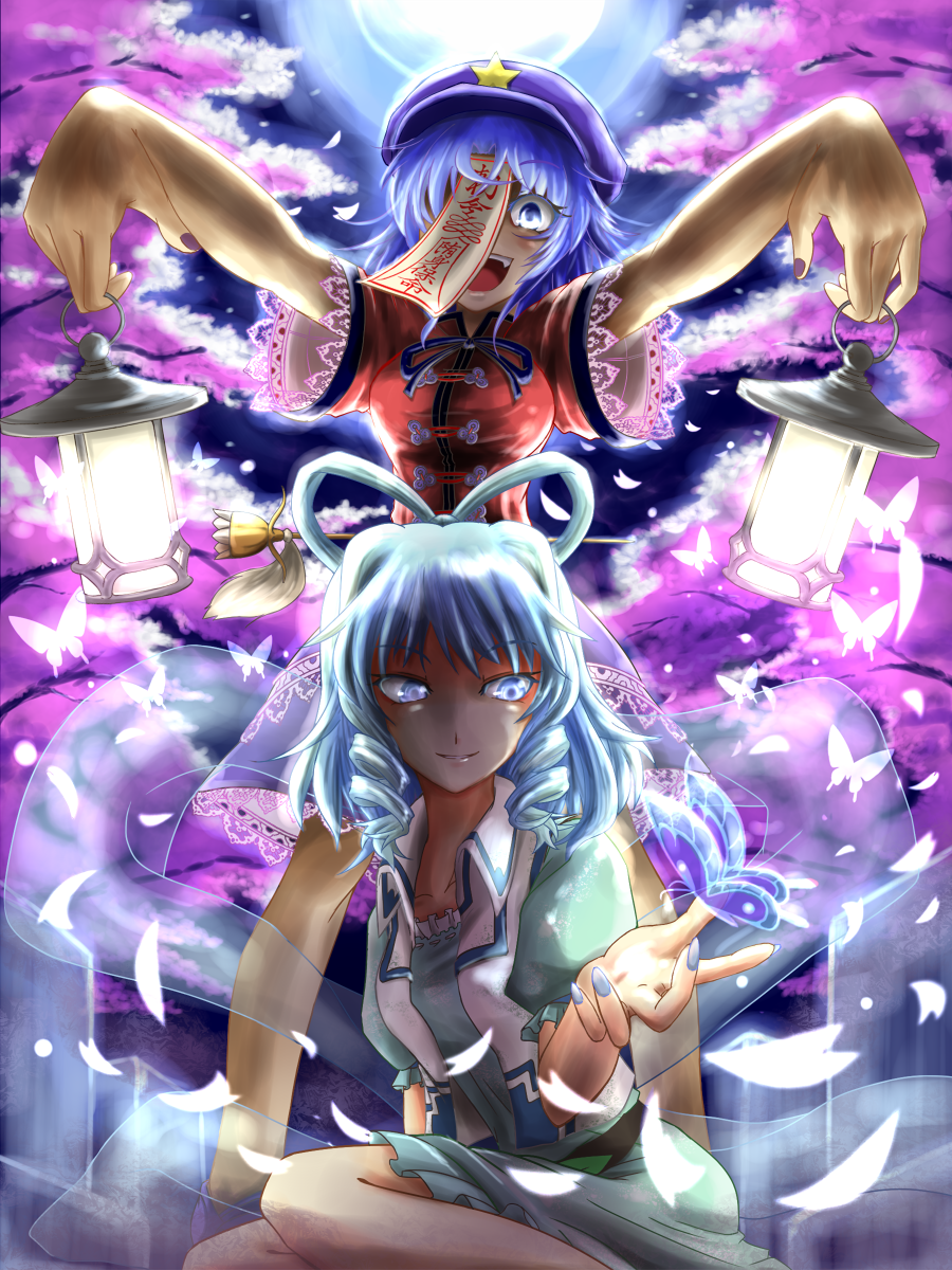 bad_id beret blue_dress blue_eyes blue_hair butterfly cherry_blossoms dress full_moon graveyard hair_rings hair_stick hat highres jiangshi kaku_seiga lamp miyako_yoshika moon multiple_girls night ofuda open_mouth open_vest outstretched_arms outstretched_hand petals shawl shirt short_hair skirt sky smile tamasan touhou tree zombie_pose