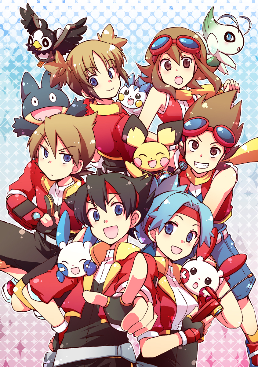 3boys 3girls black_hair blue_hair brown_hair celebi fingerless_gloves gloves goggles goggles_on_head grin hajime_(pokemon) headband highres hinata_(pokemon) hitomi_(pokemon) instrument kazuki_(pokemon) kousetsu looking_at_viewer minami_(pokemon) minun multiple_boys multiple_girls munchlax natsuya_(pokemon) pachirisu pichu plusle pointing pokemon pokemon_(game) pokemon_ranger pokemon_ranger_(game) pokemon_ranger_traces_of_light pokemon_ranger_vatonage smile starly ukelele ukulele ukulele_pichu