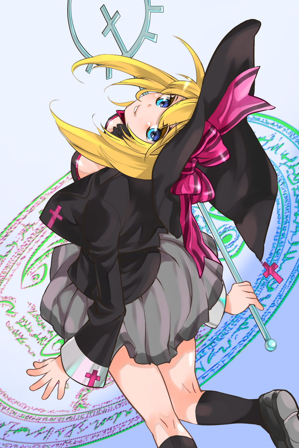 back black_legwear blazer blonde_hair blue_eyes breasts cleavage cross hat hat_ribbon highres looking_back magic_circle original ribbon silversnow skirt smile socks witch witch_hat