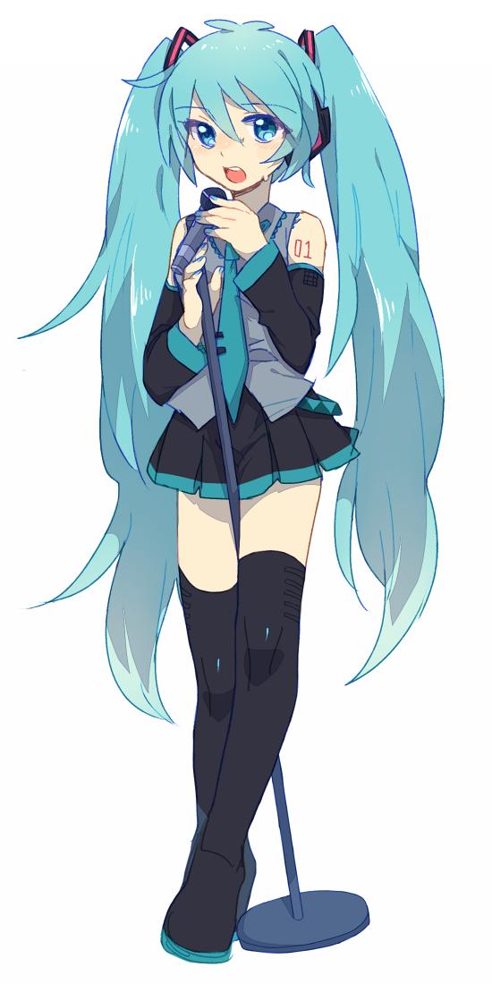1girl aqua_eyes aqua_hair boots detached_sleeves hatsune_miku headphones long_hair microphone microphone_stand necktie open_mouth simple_background singing skirt solo straddle thigh-highs thigh_boots twintails utsugi_(basement_01000) very_long_hair vocaloid white_background