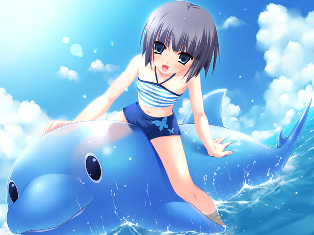 1girl aizawa_tobari black_hair blue_eyes fair_child nimura_yuushi short_hair solo swimsuit water