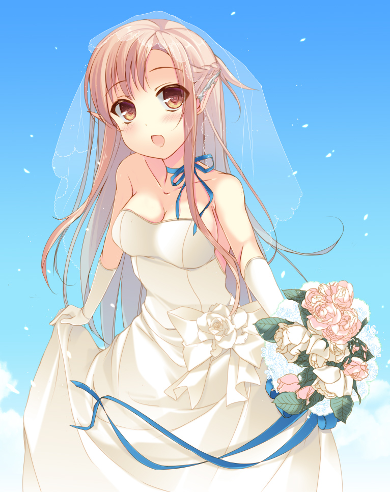 asuna_(sao) bouquet breasts brown_eyes brown_hair cleavage dress ear_covers elf flower ise pointy_ears sword_art_online titania_(sao) veil wedding_dress yuuki_asuna