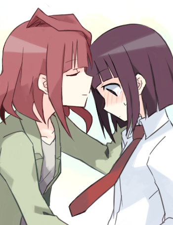 age_difference akado_harue blush closed_eyes eyes_closed incipient_kiss looking_down lowres multiple_girls necktie purple_hair red_hair redhead sagimori_arata saki saki_achiga-hen school_uniform simple_background yashu yuri