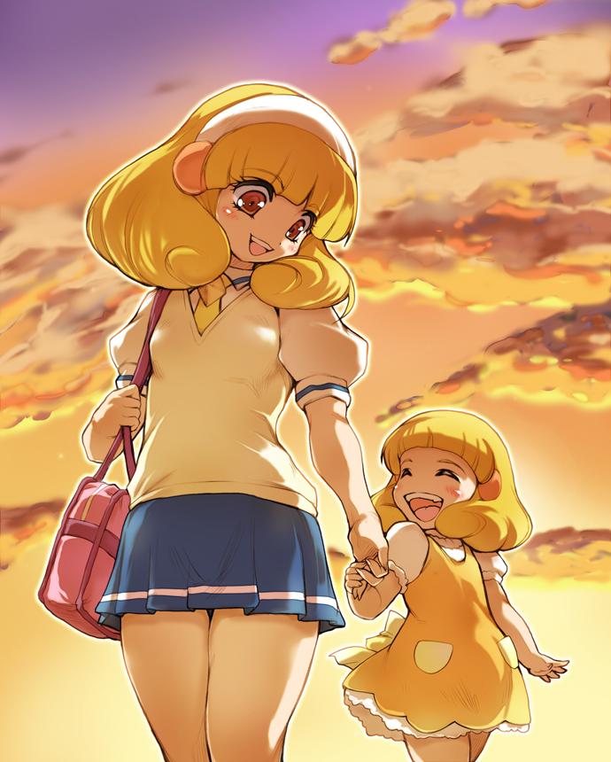 1girl bag blonde_hair blush child closed_eyes dress dual_persona eyes_closed hair_ornament hairband hand_holding hisahiko holding_hands kise_yayoi multiple_girls open_mouth precure puffy_short_sleeves puffy_sleeves school_bag school_uniform short_hair short_sleeves skirt smile smile_precure! solo sunset sweater_vest thighs time_paradox yellow_eyes young