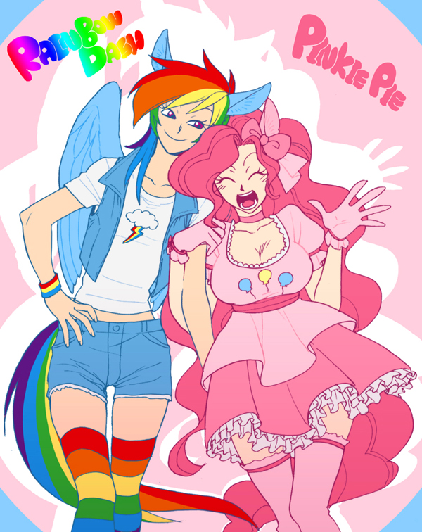 animal_ears arm_holding breasts character_name cleavage closed_eyes eyes_closed gloves hand_on_hip hips jacket long_hair multiple_girls my_little_pony my_little_pony_friendship_is_magic open_mouth personification pink_hair pinkie_pie quere rainbow_dash rainbow_hair short_hair shorts skirt striped striped_legwear t-shirt tail thigh-highs thighhighs zettai_ryouiki