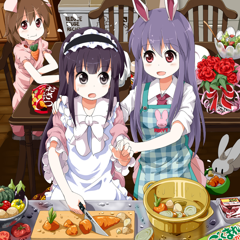 :t animal_ears apron arm_grab bow bowl brown_hair bunny bunny_ears carrot chair cooking counter cutting_board dress eating eggplant flower_pot food grey_eyes hairband hand_on_shoulder headdress houraisan_kaguya inaba_tewi jewelry kitchen knife long_hair maid_headdress meat multiple_girls necklace onion open_mouth peppers pink_dress pot potato potato_chips purple_hair rabbit rabbit_ears red_eyes reisen_udongein_inaba ribbon salad shirt short_hair sitting skirt sleeves_rolled_up smile table touhou tsurukou_(tksymkw) vegetable |_|