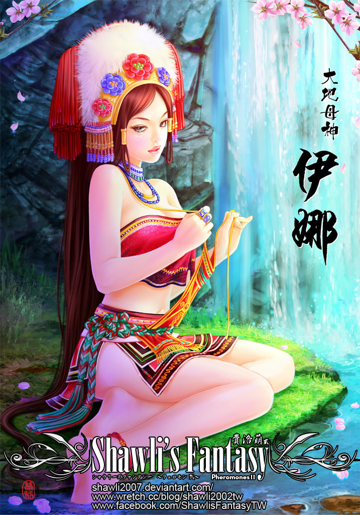 anklet bare_legs bare_shoulders barefoot brown_hair cherry_blossoms chinese_clothes choker crop_top feet_in_water grass green_eyes headdress jewelry long_hair midriff nature naughty_face necklace original parted_lips ring shawli short_top sitting skirt soaking_feet taiwan traditional_clothes undressing very_long_hair water waterfall