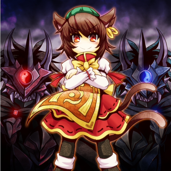 animal_ears blue_oni brown_hair cat_ears cat_tail chen crossed_arms dress earrings hat horn jewelry multiple_tails oni pantyhose red_eyes red_oni short_hair smile solo sore_(whirlwind) sore_aqu tail touhou