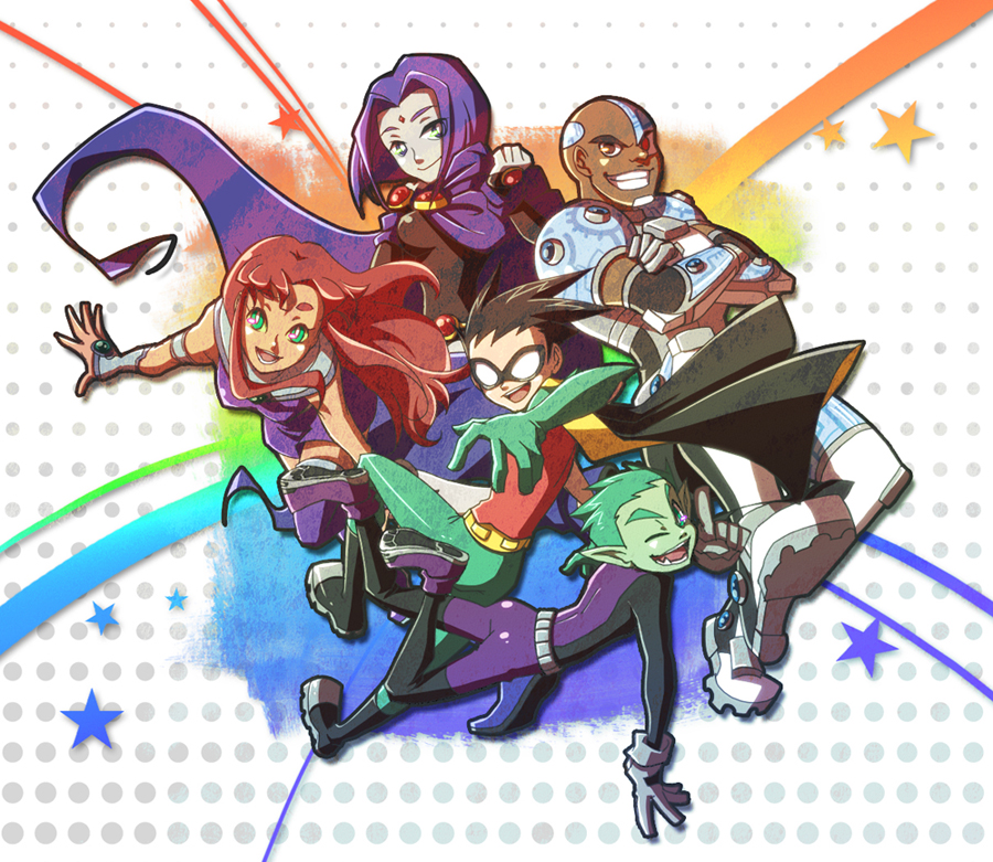 3boys beast_boy beast_boy_(dc) bodysuit cape crossed_arms cyborg_(dc) dc_comics domino_mask elbow_gloves friends gloves grin ladama mask multiple_boys multiple_girls polka_dot polka_dot_background rainbow raven_(dc) robin_(dc) smile star starfire superhero teen_titans wink