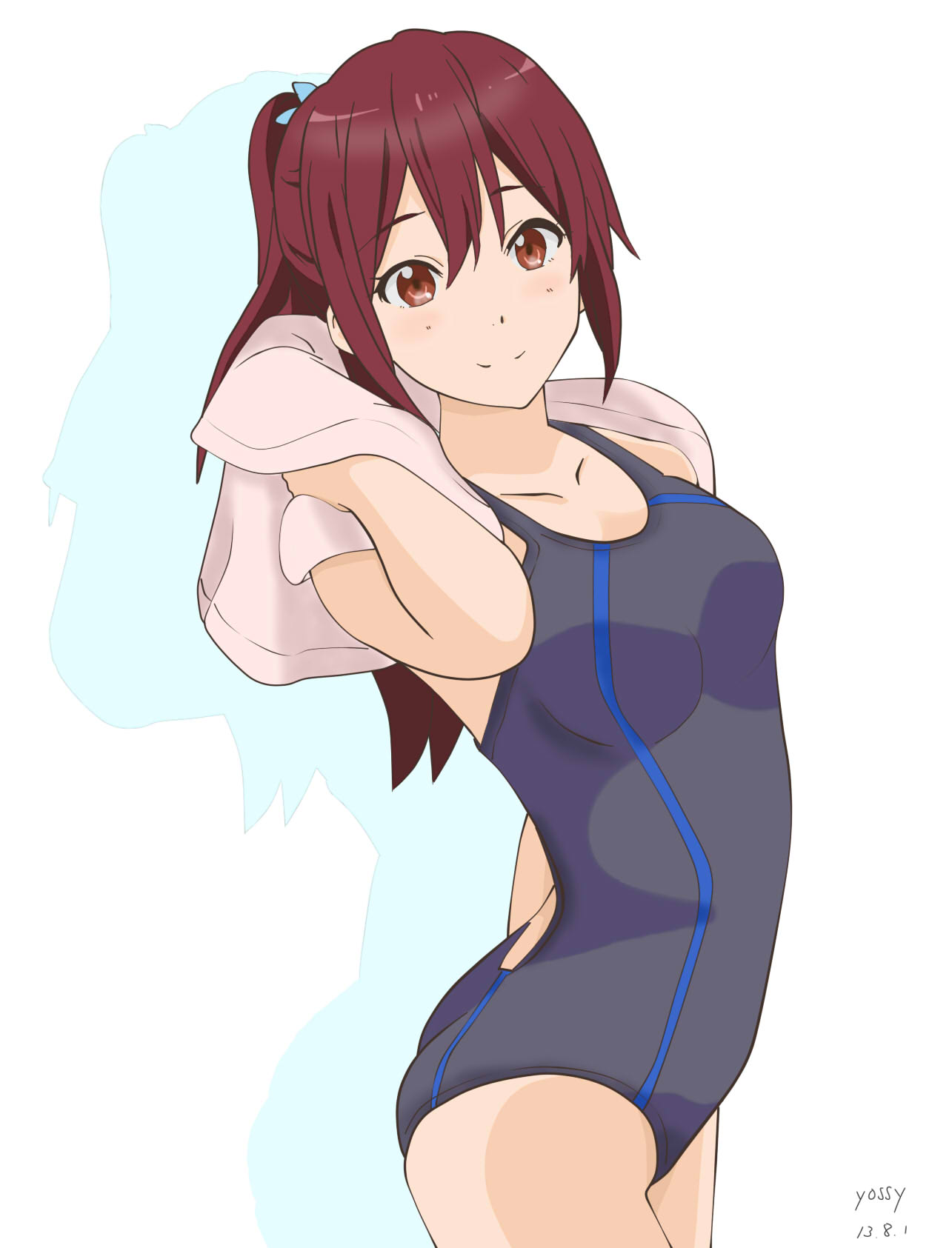 1girl competition_swimsuit free! highres long_hair matsuoka_gou one-piece_swimsuit ponytail red_eyes redhead swimsuit yossy_(asd_456)