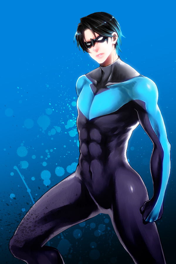 1boy black_hair bodysuit dc_comics dick_grayson domino_mask fingerstripe male mask navel nightwing skin_tight solo spandex superhero tachibana_(ghosts_0119)