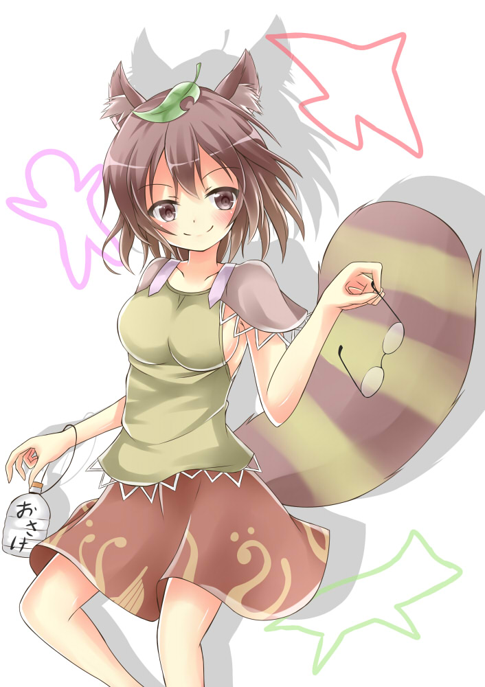 animal_ears blush bottle breasts brown_eyes brown_hair futatsuiwa_mamizou glasses glasses_removed leaf leaf_on_head pince-nez raccoon_ears raccoon_tail short_hair sideboob skirt smile solo tail tam-out_(datam) touhou