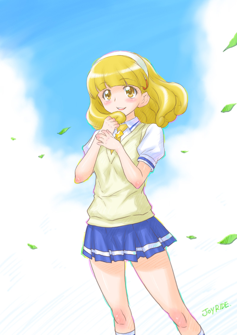 blonde_hair blush hairband hands_together joy_ride kise_yayoi leaf open_mouth precure school_uniform short_hair skirt smile smile_precure! solo sweater_vest wind yellow_eyes