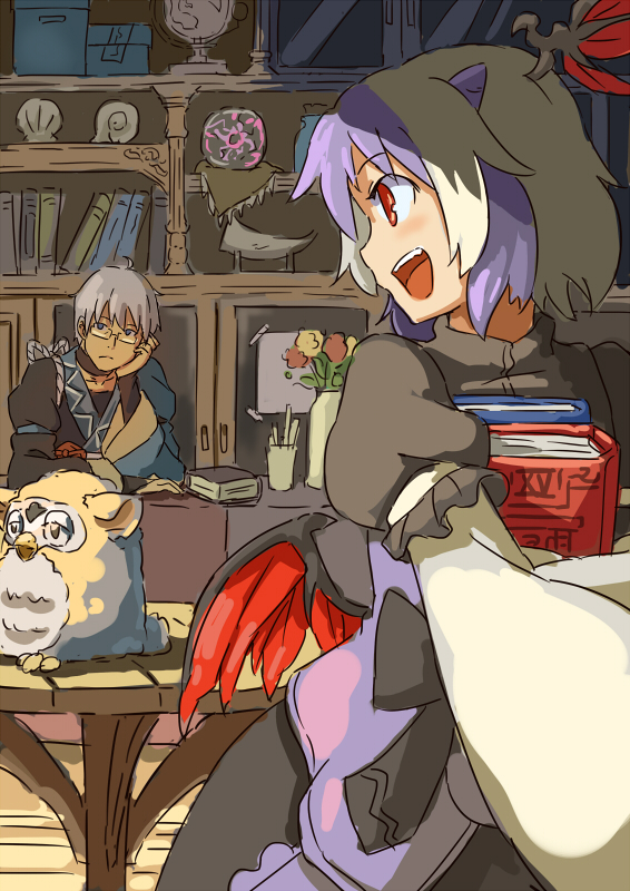 1girl blush book furby gizmo_(gremlins) glasses gremlins grey_hair head_wings horns morichika_rinnosuke multicolored_hair open_mouth purple_hair shiba_murashouji short_hair sketch smile tokiko_(touhou) touhou two-tone_hair white_hair wings