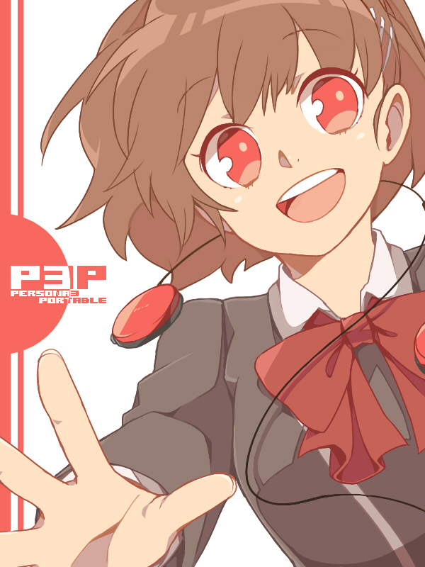 bow brown_hair bust female_protagonist_(persona_3) headphones looking_at_viewer meshi_(miyuu) open_mouth persona persona_3 persona_3_portable red_eyes school_uniform smile solo