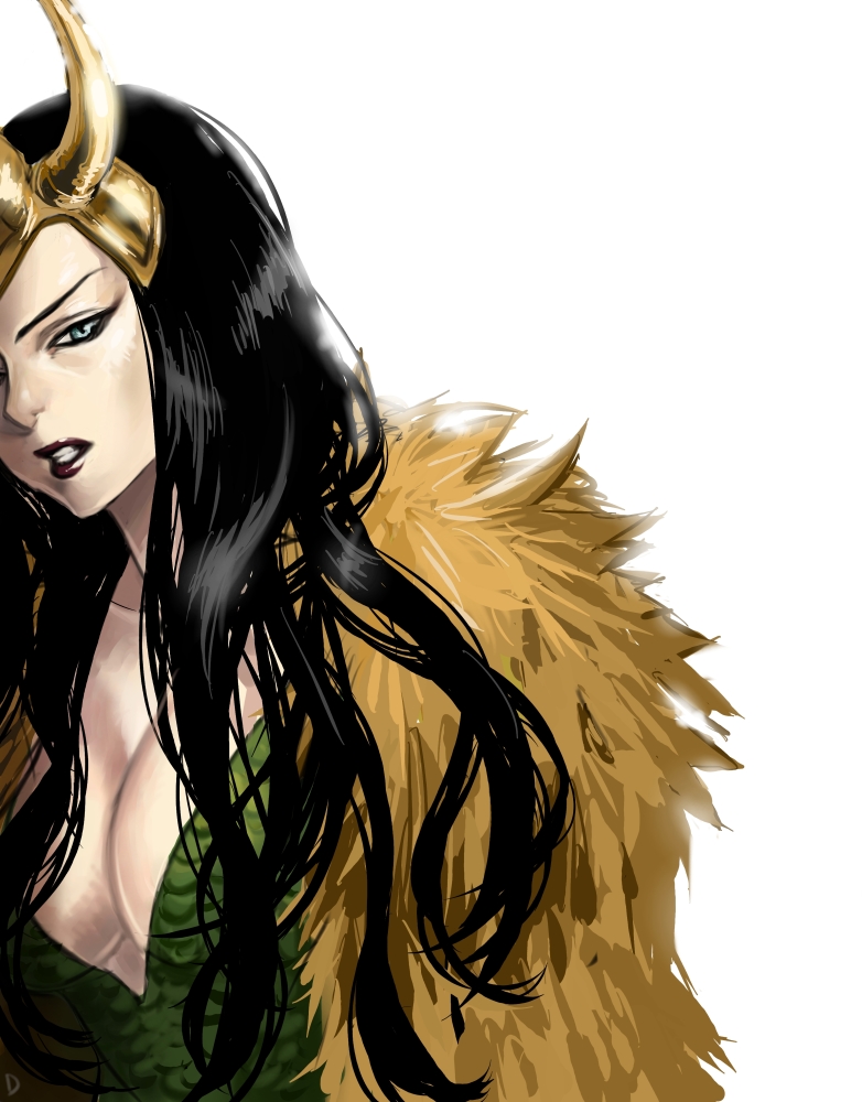 bad_id black_hair blue_eyes breasts cleavage days eyeliner genderswap helmet horns lipstick loki_(marvel) long_hair makeup marvel solo v-neck