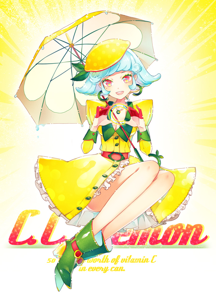 belt blue_hair boots breasts c.c._lemon c.c._lemon_(character) cleavage dress earrings food food_themed_clothes fruit hat high_heels jewelry lemon long_sleeves necklace open_mouth original puffy_sleeves red_eyes shoes siting_zeng sitting smile solo themed_object umbrella