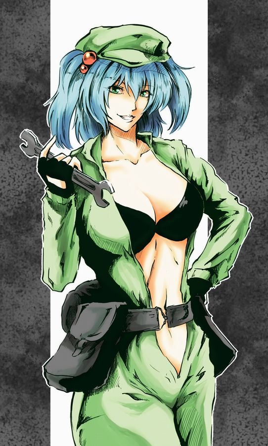 adult alternate_costume belt blue_hair bra breasts cleavage eva_(mgs) eva_(mgs)_(cosplay) fingerless_gloves gloves green_eyes green_hair hair_bobbles hair_ornament hat jumpsuit kawashiro_nitori large_breasts lips metal_gear_solid_3 navel open_clothes solo tn_(nakamatic-arsenal) touhou twintails underwear wrench