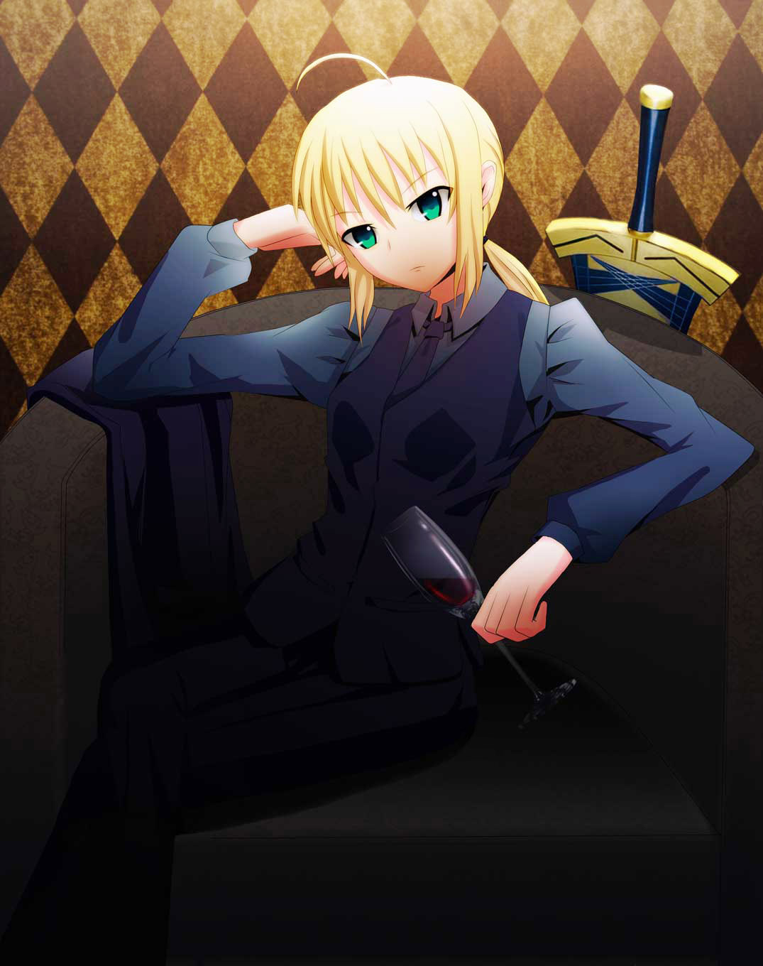 ahoge argyle argyle_background avalon_(fate/stay_night) blonde_hair cup excalibur fate/zero fate_(series) formal green_eyes h8638247 highres long_hair pant_suit ponytail saber sheath sheathed solo suit sword vest waistcoat weapon wine_glass