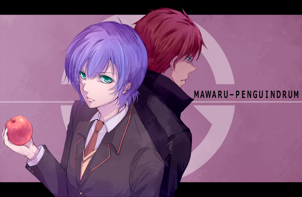 apple blazer blue_hair brothers brown_hair food fruit green_eyes letterboxed mawaru_penguindrum school_uniform siblings takakura_kanba takakura_shouma title_drop