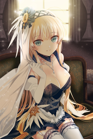 1girl blonde_hair breasts collarbone couch detached_collar elbow_gloves feathers frills gloves green_eyes grin helena_k_sync holding jewelry leg_garter light_smile long_hair lowres necklace pleated_skirt reum sitting skirt smile solo sword_girls thighhighs veil very_long_hair white_legwear