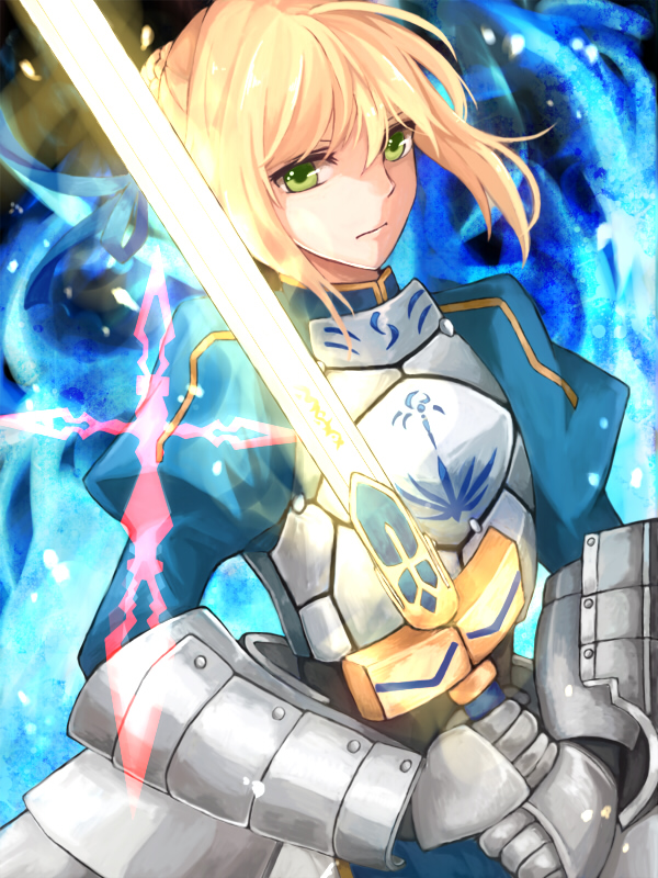 ahoge armor armored_dress bad_id blonde_hair command_spell dress excalibur fate/zero fate_(series) gauntlets glowing glowing_weapon green_eyes saber sim1 solo sword weapon