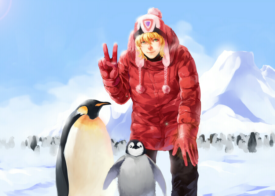 barnaby_brooks_jr bird blonde_hair bomber_hat breath coat gloves green_eyes hat no_glasses penguin siruphial snow tiger_&amp;_bunny tuque v winter_clothes
