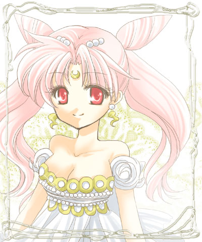 adult bare_shoulders bishoujo_senshi_sailor_moon breasts chibi_usa crescent double_bun earrings facial_mark forehead_mark hair_ornament hairpin jewelry long_hair lowres pink_hair princess puffy_sleeves red_eyes shirataki_kaiseki small_lady_serenity smile solo twintails