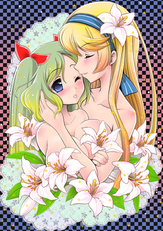 bare_shoulders blonde_hair blue_eyes blush breasts bust checkered checkered_background closed_eyes doily eyelashes eyes_closed flower gradient gradient_background gradient_hair green_hair hair_flower hair_ornament hairband houjyouin light_smile long_hair multicolored_hair multiple_girls nude original parted_lips sparkle touching twintails wince yuri