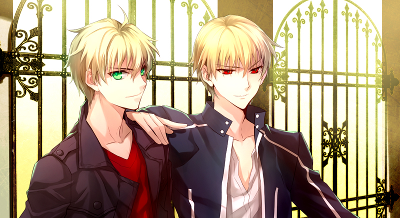 blonde_hair casual fate/prototype fate/stay_night fate_(series) gilgamesh green_eyes hachini male multiple_boys red_eyes saber_(fate/prototype)
