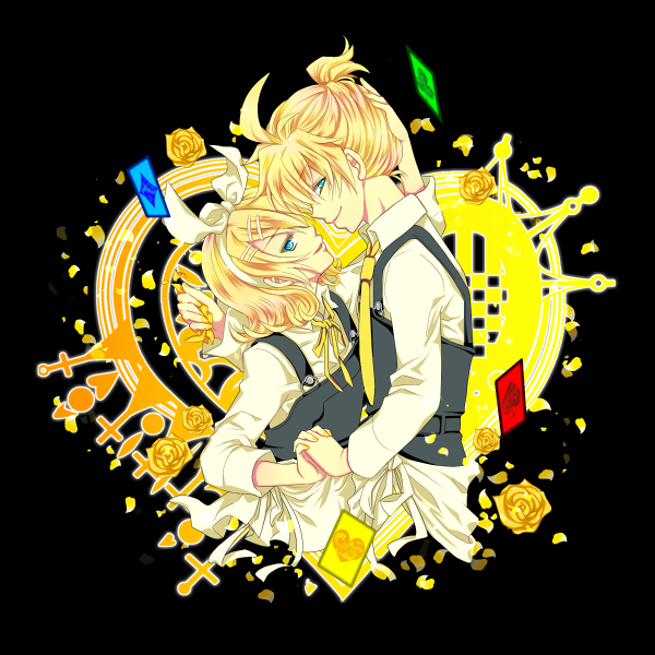 1girl black_background blonde_hair blue_eyes bow brother_and_sister flower hair_bow hand_on_another's_head hand_on_another's_head hitobashira_alice_(vocaloid) incest interlocked_fingers kagamine_len kagamine_rin kairi_(oro-n) looking_at_viewer parted_lips petals profile rose short_hair siblings smile twins vocaloid