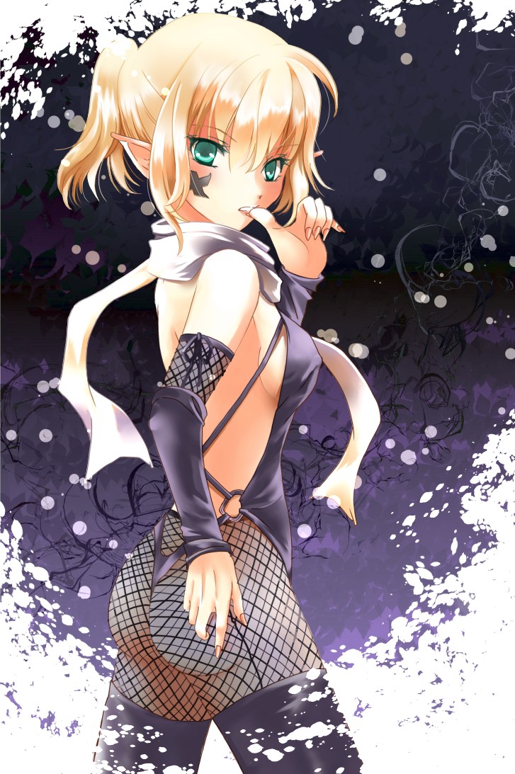 alternate_costume ass bad_id biting blonde_hair boots breasts finger_biting green_hair hypoxis mizuhashi_parsee ninja pointy_ears scarf sideboob solo thigh-highs thigh_boots thighhighs touhou