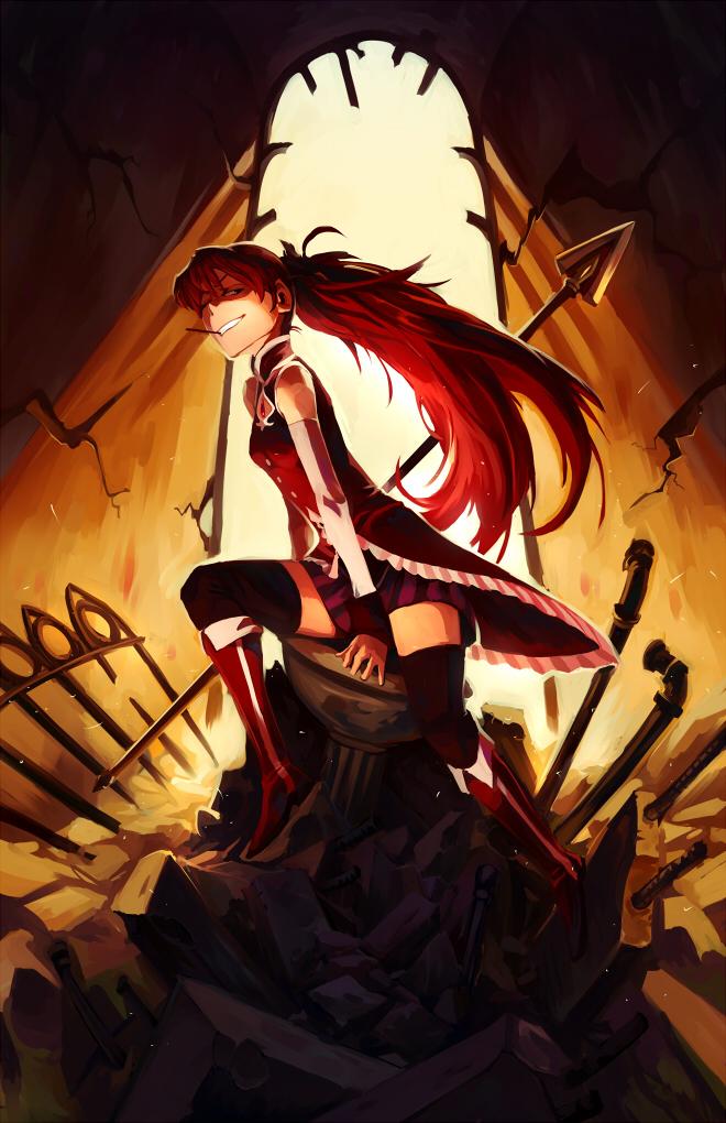 bare_shoulders black_legwear boots grin long_hair mahou_shoujo_madoka_magica mouth_hold noirrac pleated_skirt pocky polearm ponytail red_hair redhead sakura_kyouko shadow skirt smile solo spear thigh-highs thighhighs weapon