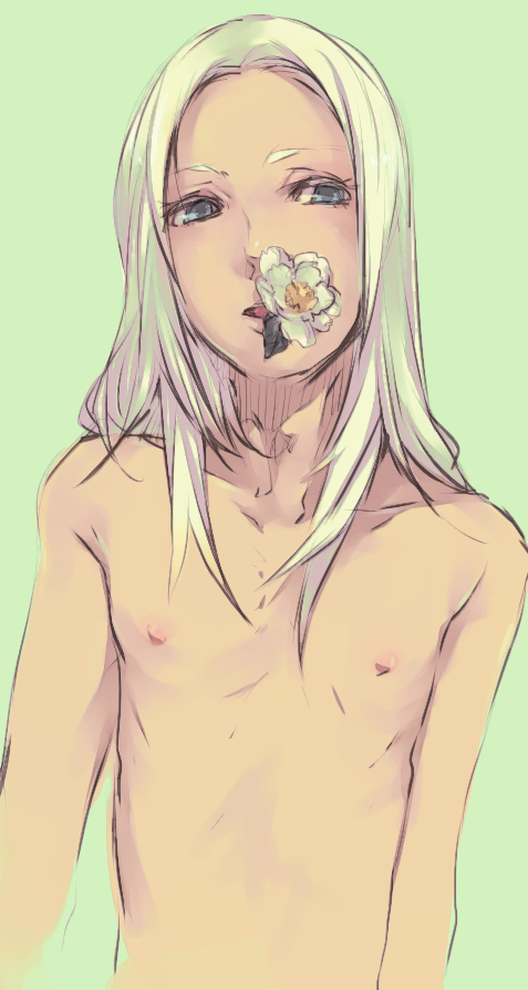 1boy bust flower male mouth_hold nipples original shiro_(reptil) shirtless solo trap