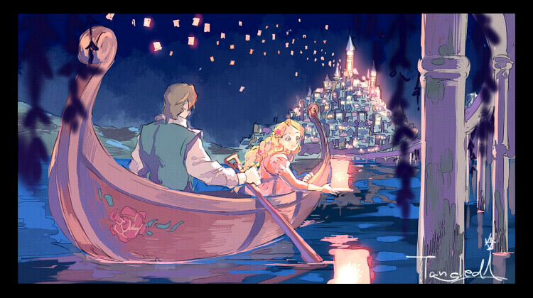 1girl blonde_hair boat border brown_hair cityscape disney flynn_rider gori_matsu lamppost night night_sky rapunzel_(disney) scenery sky sky_lantern tangled water