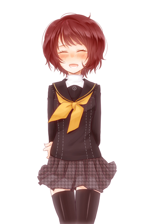 alternate_hairstyle arms_behind_back closed_eyes eyes_closed k-a-i kujikawa_rise open_mouth persona persona_4 red_hair redhead school_uniform serafuku short_hair skirt smile solo thigh-highs thighhighs white_background