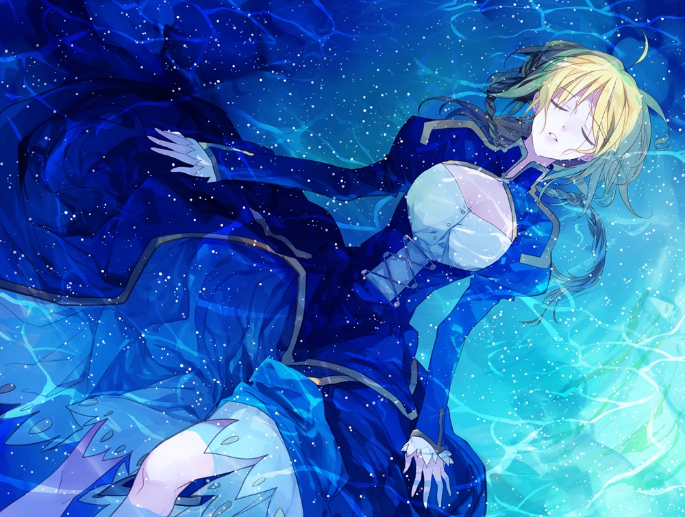 afloat ahoge alternate_hairstyle ayu_(auko2010) blonde_hair blue_dress braid closed_eyes corset dress eyes_closed fate/zero fate_(series) hair_down juliet_sleeves long_hair long_sleeves lying on_back parted_lips partially_submerged puffy_shoulders_long_sleeves puffy_sleeves saber solo water